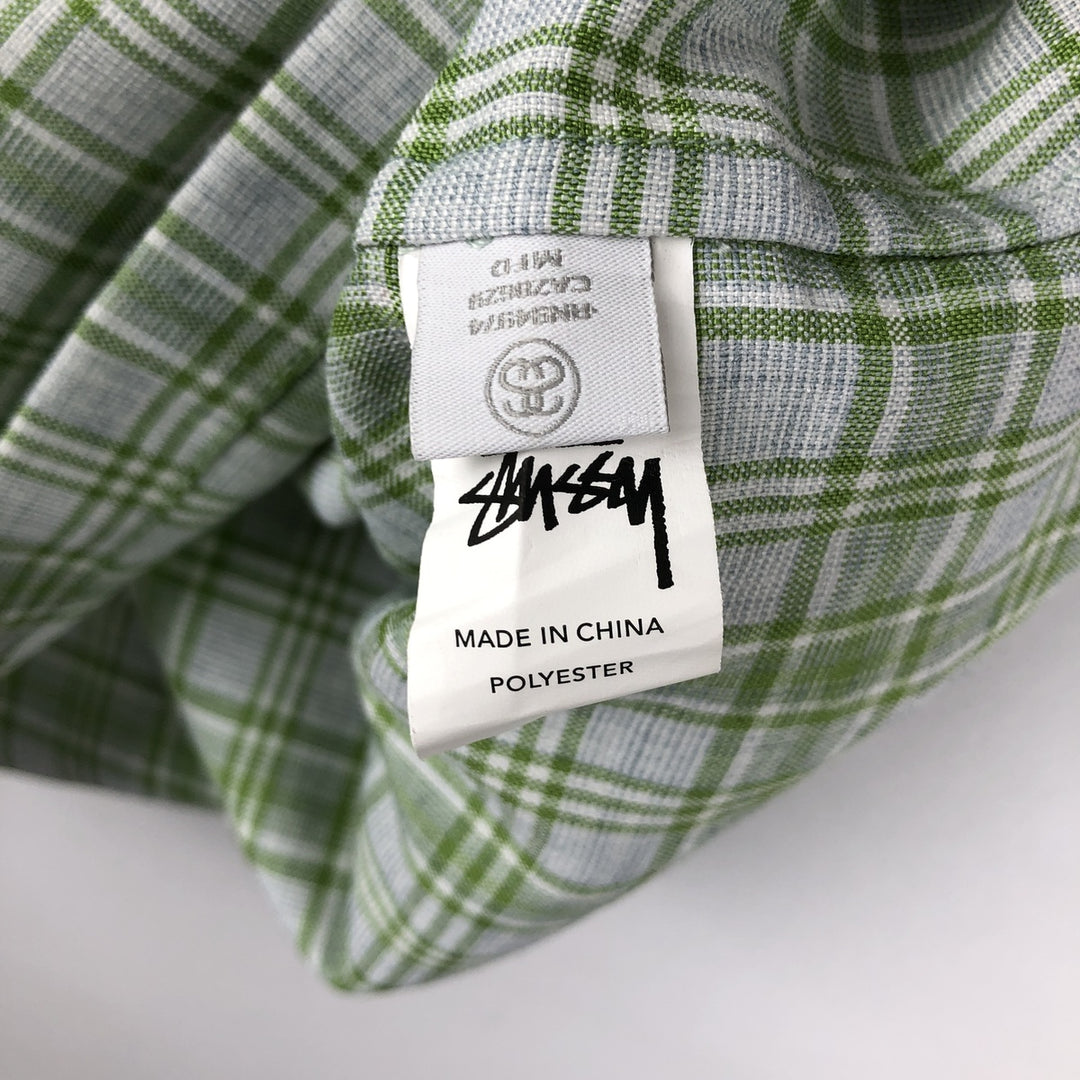 Stussy short-sleeved check shirt, men's size L (approx.) polyester green type yellow green Vintage Second Hand