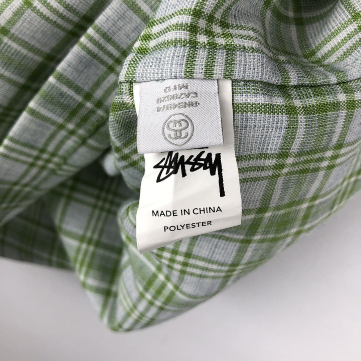Stussy short-sleeved check shirt, men's size L (approx.) polyester green type yellow green Vintage Second Hand