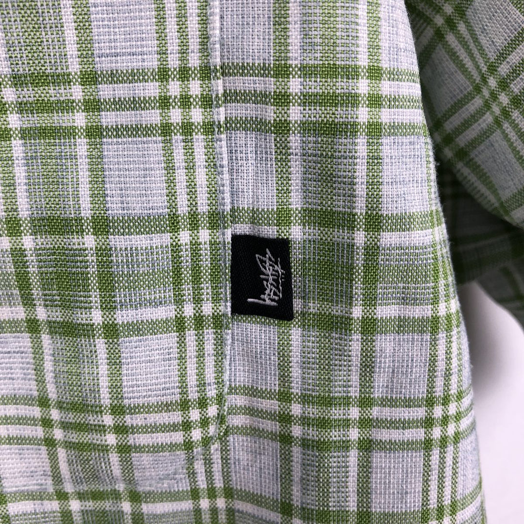 Stussy short-sleeved check shirt, men's size L (approx.) polyester green type yellow green Vintage Second Hand