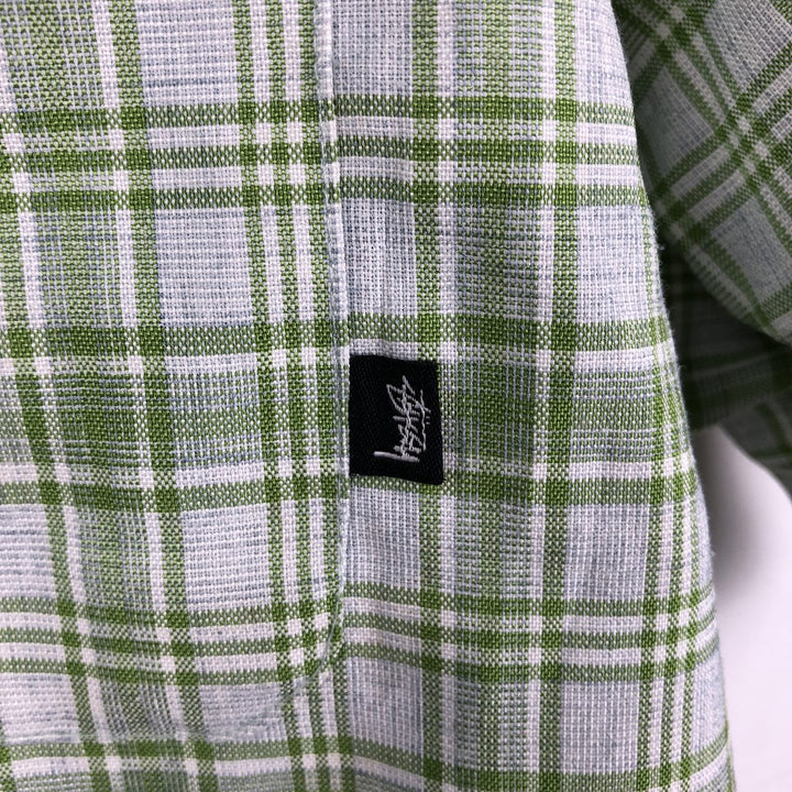 Stussy short-sleeved check shirt, men's size L (approx.) polyester green type yellow green Vintage Second Hand