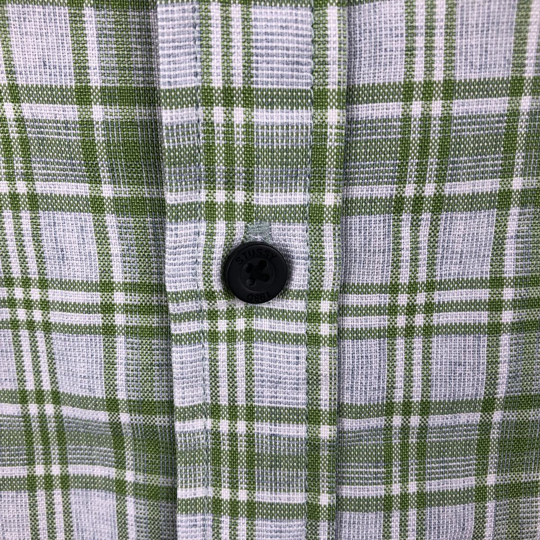 Stussy short-sleeved check shirt, men's size L (approx.) polyester green type yellow green Vintage Second Hand