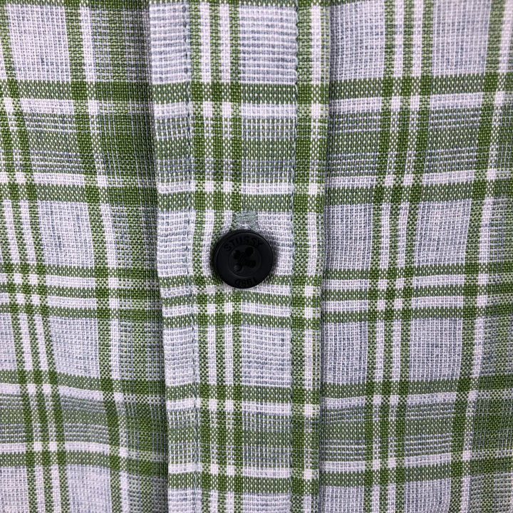 Stussy short-sleeved check shirt, men's size L (approx.) polyester green type yellow green Vintage Second Hand