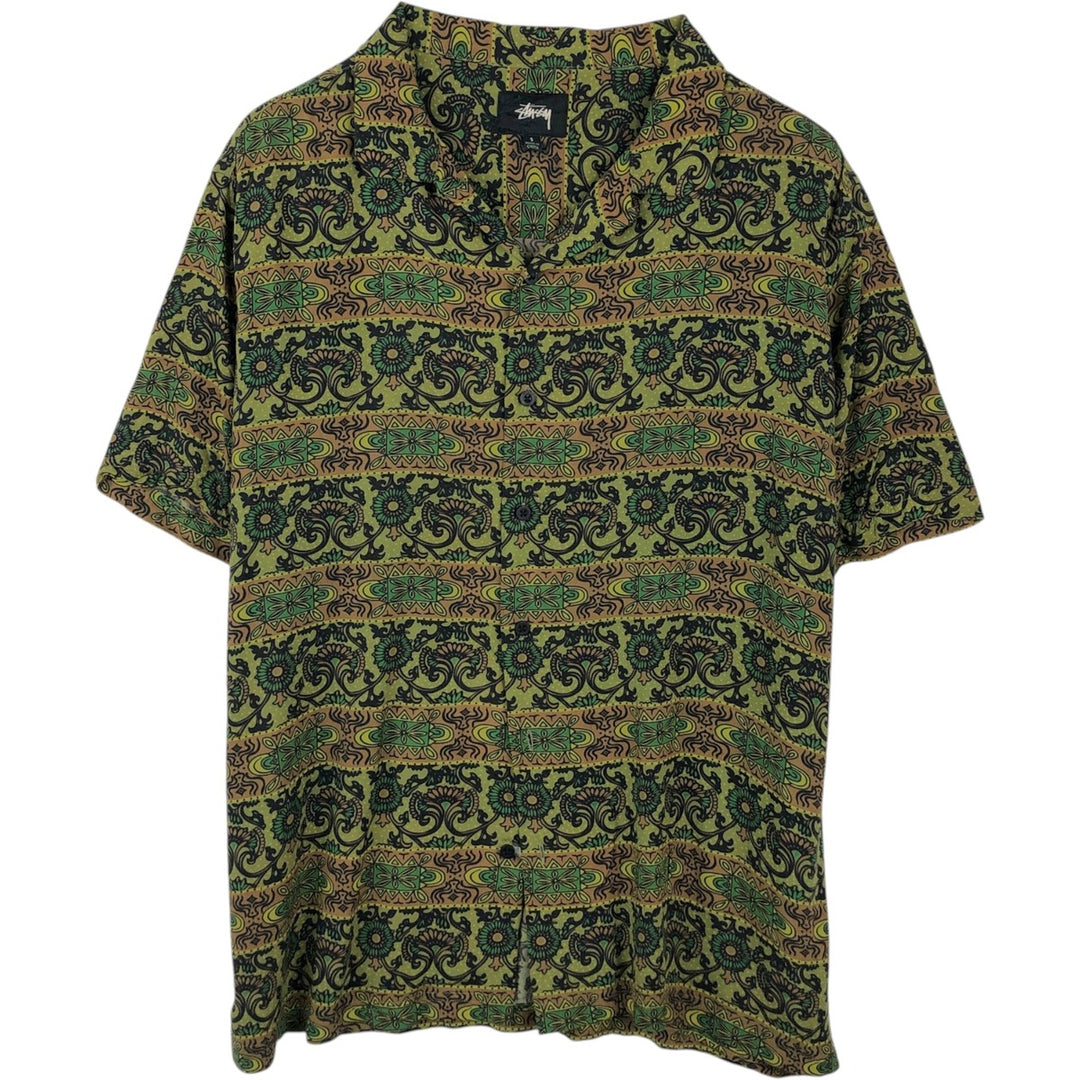 Stussy all-over print short-sleeved open-collar rayon shirt, boxy fit, men's size S (approx.) Rayon Khaki type Vintage Second Hand