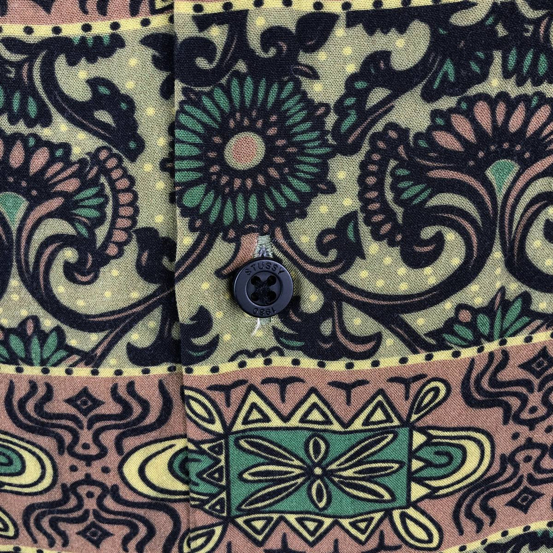 Stussy all-over print short-sleeved open-collar rayon shirt, boxy fit, men's size S (approx.) Rayon Khaki type Vintage Second Hand