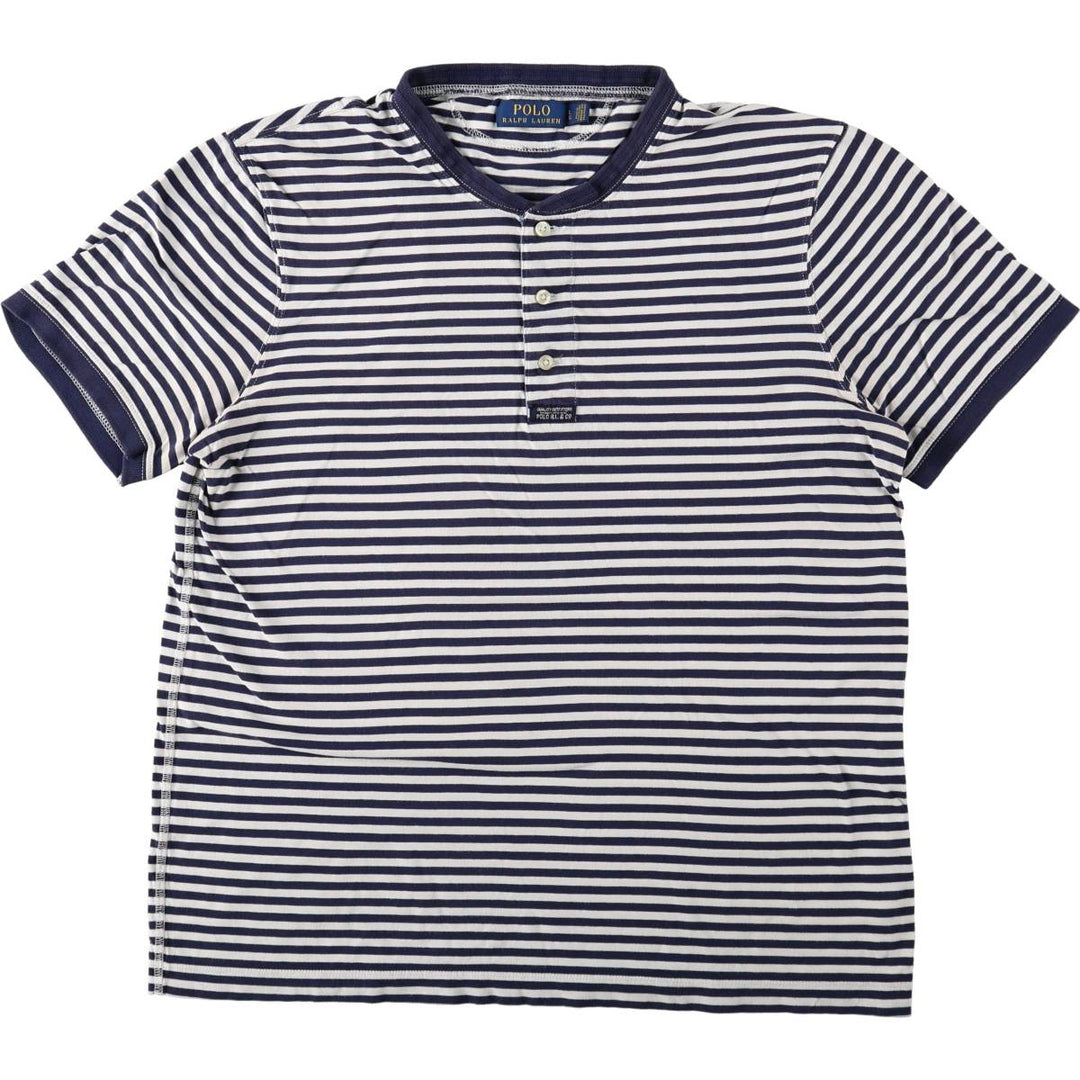 Ralph Lauren POLO RALPH LAUREN Henley neck short-sleeved striped T-shirt, men's size L (approx.) cotton navy blue type Vintage Second Hand