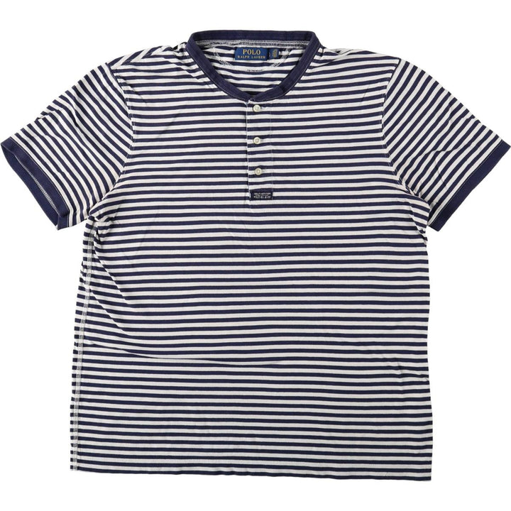 Ralph Lauren POLO RALPH LAUREN Henley neck short-sleeved striped T-shirt, men's size L (approx.) cotton navy blue type Vintage Second Hand
