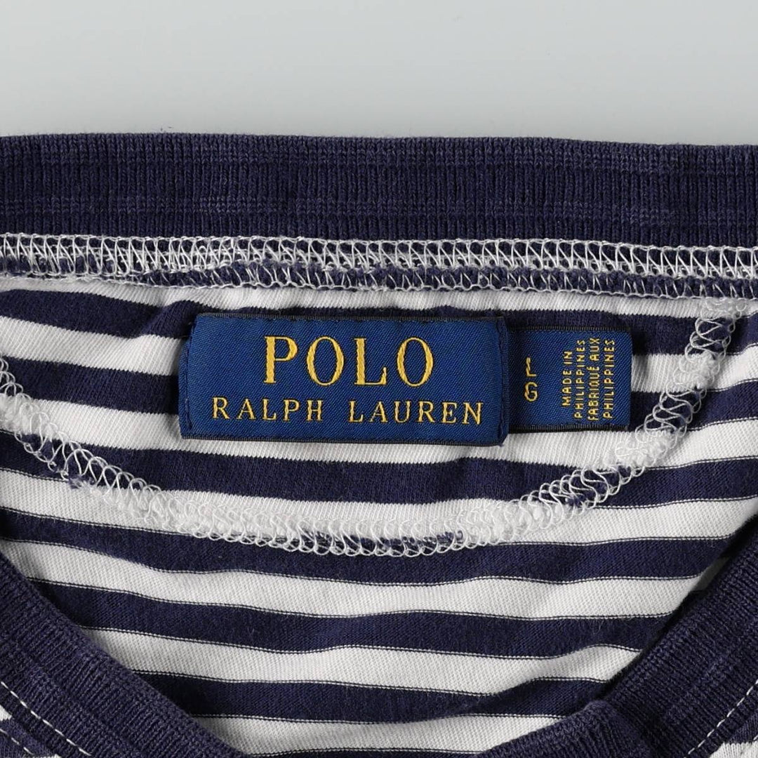 Ralph Lauren POLO RALPH LAUREN Henley neck short-sleeved striped T-shirt, men's size L (approx.) cotton navy blue type Vintage Second Hand