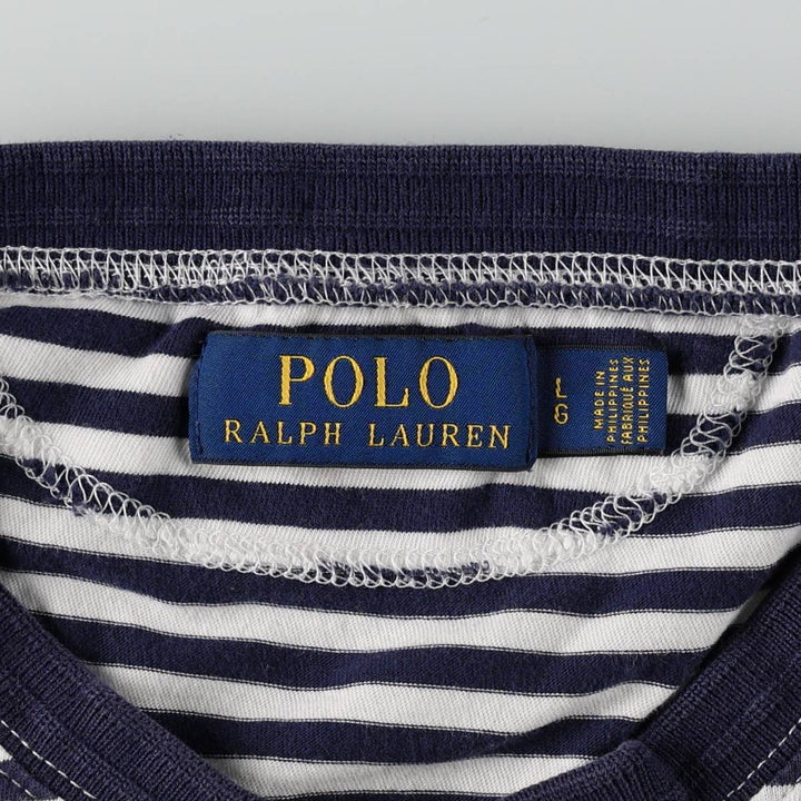 Ralph Lauren POLO RALPH LAUREN Henley neck short-sleeved striped T-shirt, men's size L (approx.) cotton navy blue type Vintage Second Hand