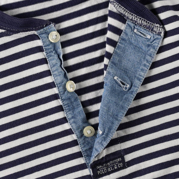 Ralph Lauren POLO RALPH LAUREN Henley neck short-sleeved striped T-shirt, men's size L (approx.) cotton navy blue type Vintage Second Hand