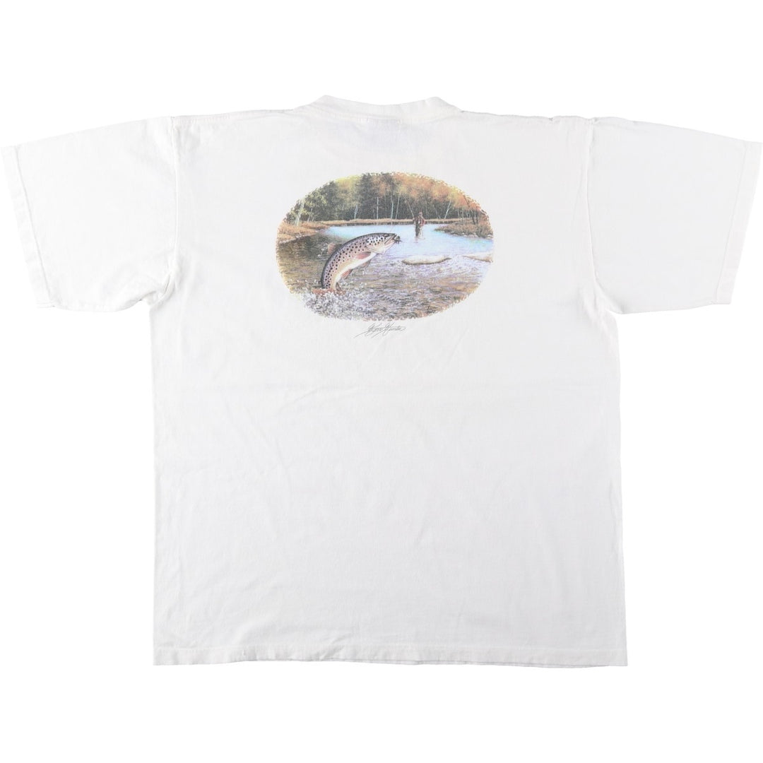 2000'S Woolrich Fish Print Short-Sleeve Logo T-Shirt, Made in USA, Men's Size L (approx.) cotton white type Vintage Second Hand