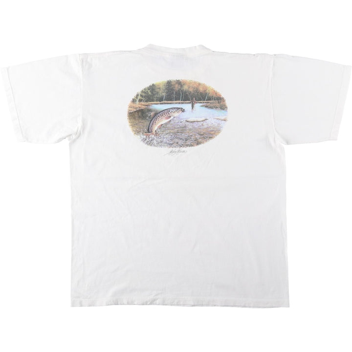 2000'S Woolrich Fish Print Short-Sleeve Logo T-Shirt, Made in USA, Men's Size L (approx.) cotton white type Vintage Second Hand