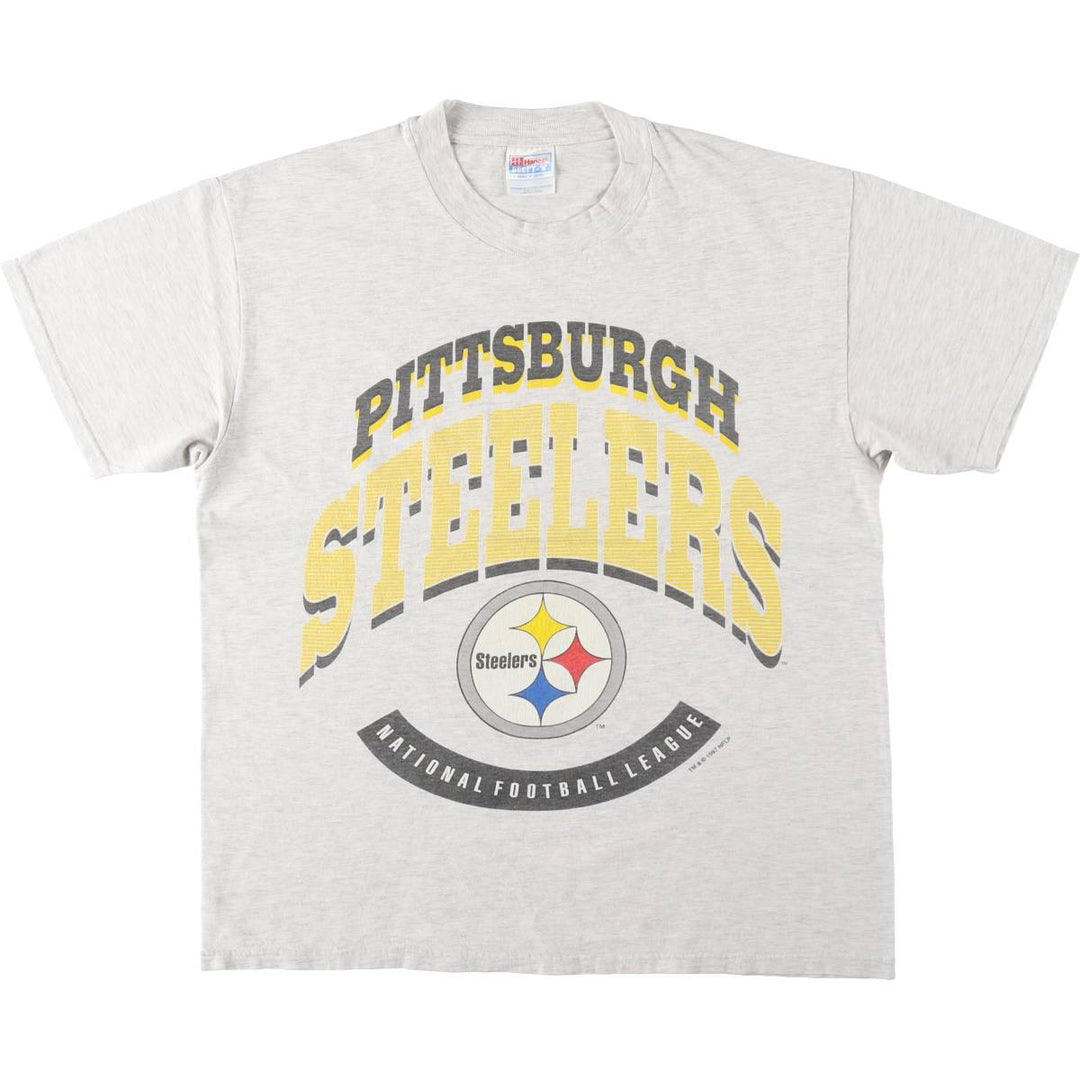 90'S Hanes BEEFY-T NFL PITTSBURGH STEELERS sports print T-shirt, Made in USA, Men's size L equivalent, Vintage cotton gray type Vintage Second Hand