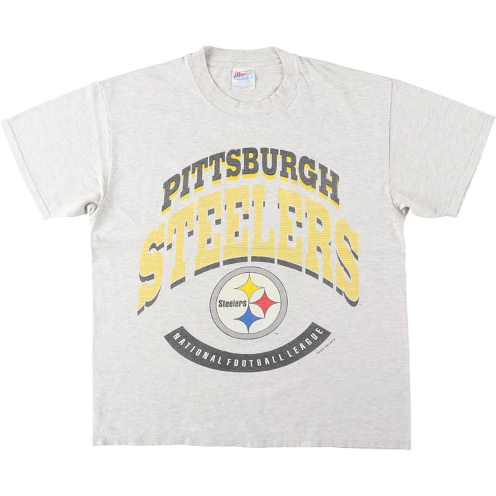 90'S Hanes BEEFY-T NFL PITTSBURGH STEELERS sports print T-shirt, Made in USA, Men's size L equivalent, Vintage cotton gray type Vintage Second Hand