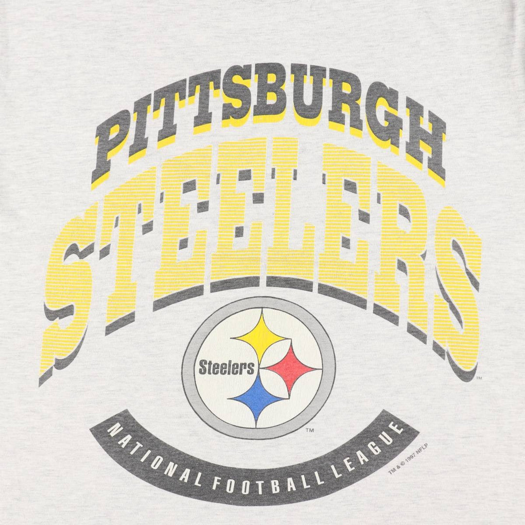 90'S Hanes BEEFY-T NFL PITTSBURGH STEELERS sports print T-shirt, Made in USA, Men's size L equivalent, Vintage cotton gray type Vintage Second Hand