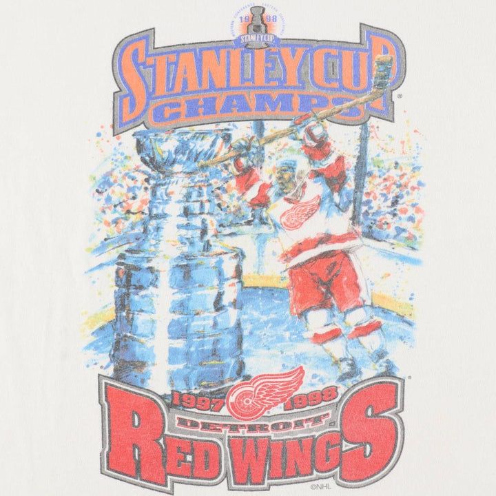90'S Starter NHL Detroit Red Wings Sports Print T-Shirt, Made in USA, Men's Size L (Equivalent), Vintage cotton white type Vintage Second Hand