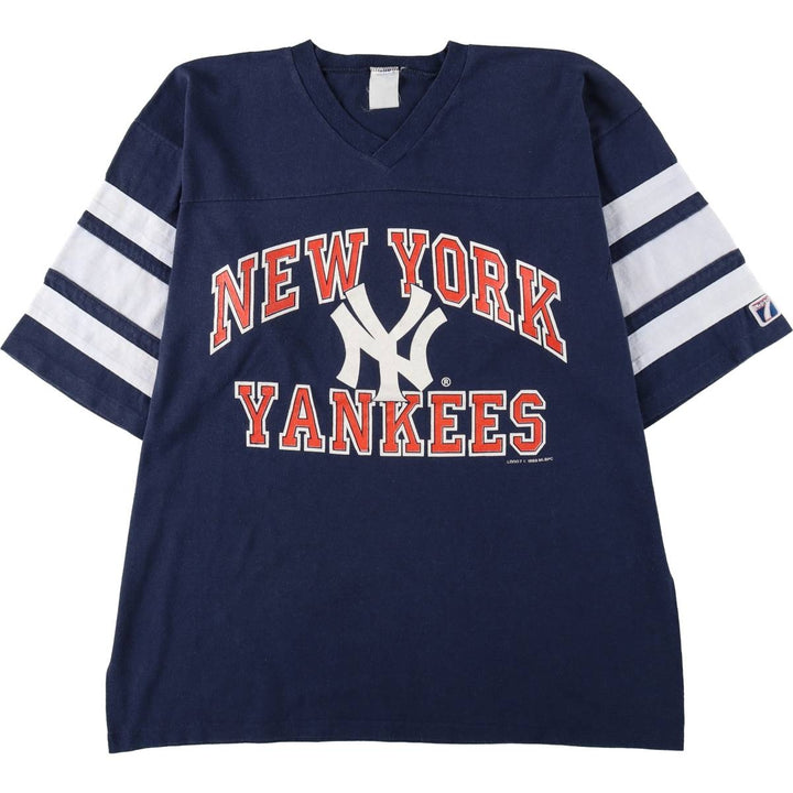 90'S LOGO7 MLB NEW YORK YANKEES V-neck sports print T-shirt, men's size L equivalent, vintage. unclear navy blue type Vintage Second Hand