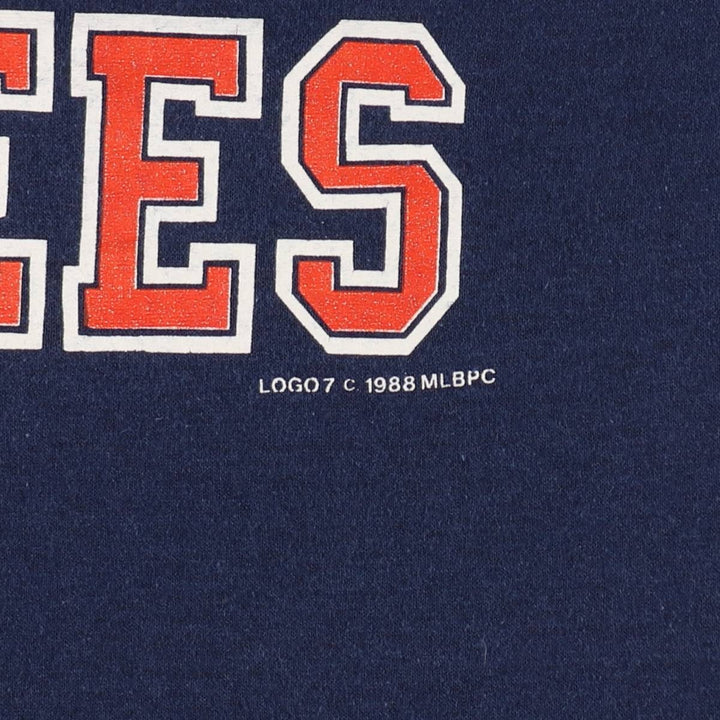 90'S LOGO7 MLB NEW YORK YANKEES V-neck sports print T-shirt, men's size L equivalent, vintage. unclear navy blue type Vintage Second Hand