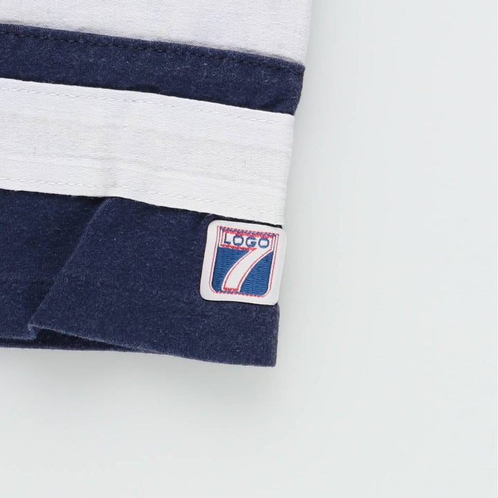 90'S LOGO7 MLB NEW YORK YANKEES V-neck sports print T-shirt, men's size L equivalent, vintage. unclear navy blue type Vintage Second Hand