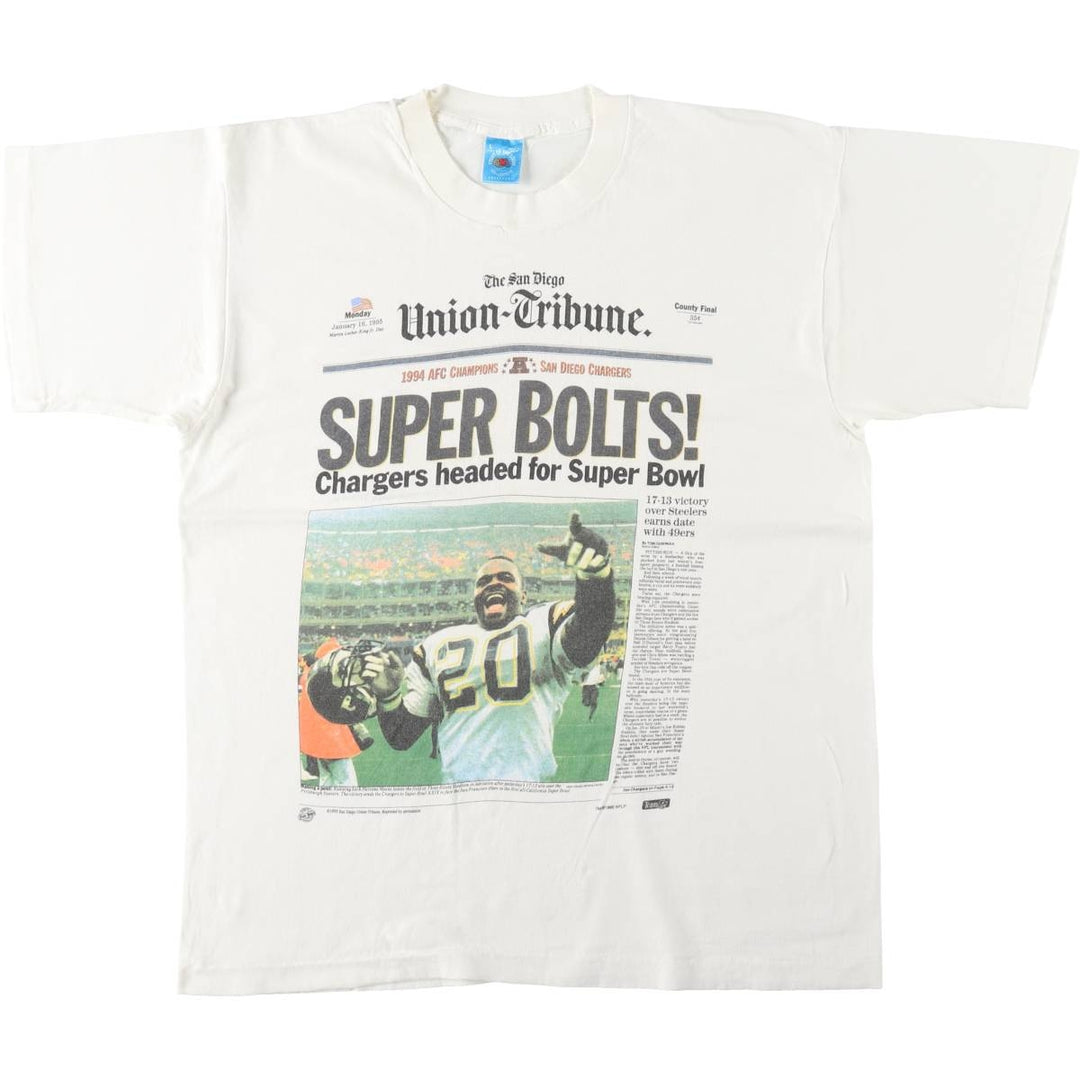 90'S Fruit of the Loom NFL Los Angeles Chargers Sports Print T-Shirt, Made in USA, Men's Size L (approx.), Vintage cotton white type Vintage Second Hand