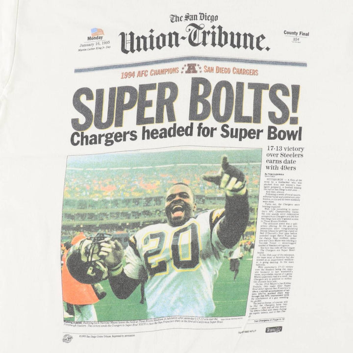90'S Fruit of the Loom NFL Los Angeles Chargers Sports Print T-Shirt, Made in USA, Men's Size L (approx.), Vintage cotton white type Vintage Second Hand