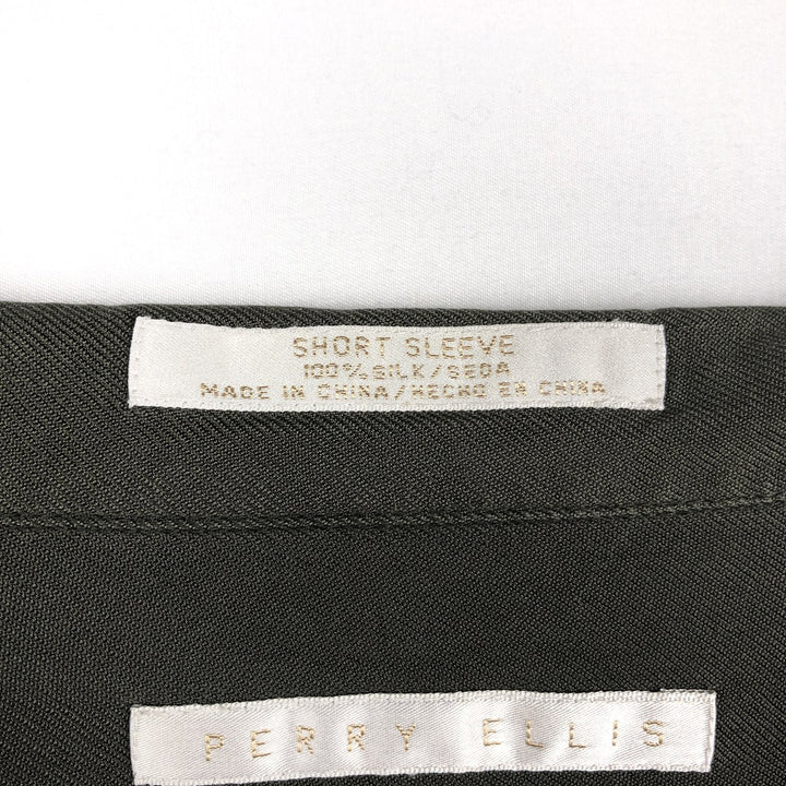 Perry Ellis Short Sleeve Open Collar Silk Shirt Box Shirt Men's XL silk Green type dark green Vintage Second Hand