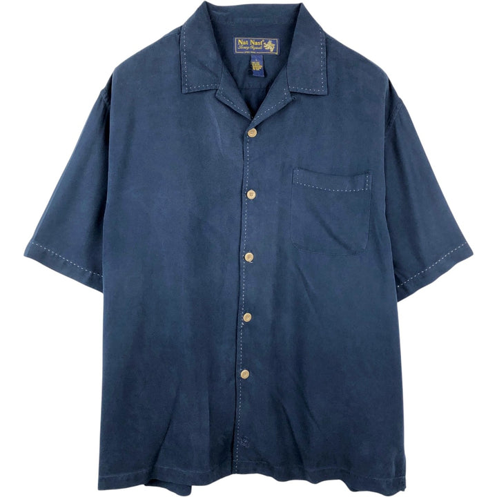 90'S Nat Nast Short-Sleeve Open-Collar Silk Shirt, Boxy Shirt, Men's Size L (Equivalent), Vintage silk navy blue type Vintage Second Hand
