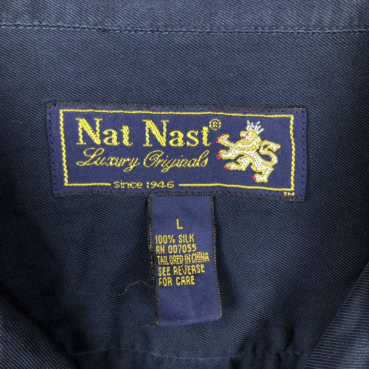 90'S Nat Nast Short-Sleeve Open-Collar Silk Shirt, Boxy Shirt, Men's Size L (Equivalent), Vintage silk navy blue type Vintage Second Hand