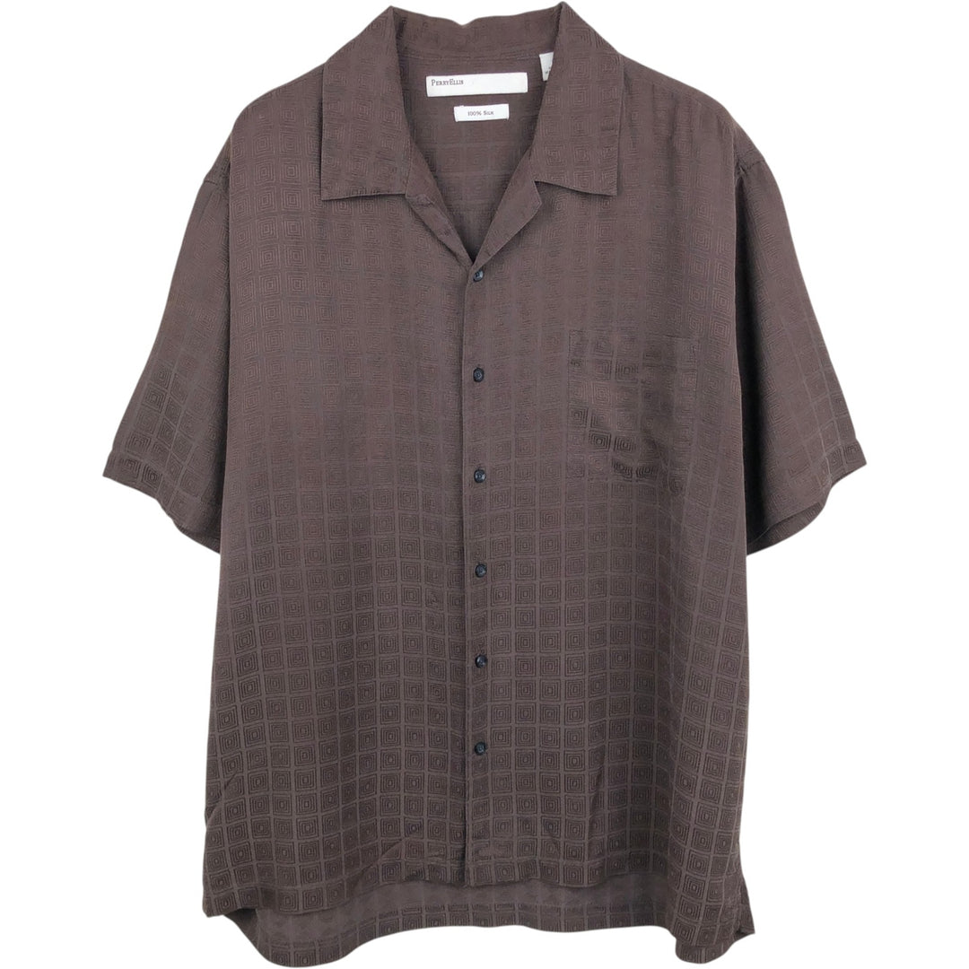Perry Ellis All-over Print Short Sleeve Open Collar Silk Shirt Box Shirt Men's XL silk dark chocolate Vintage Second Hand
