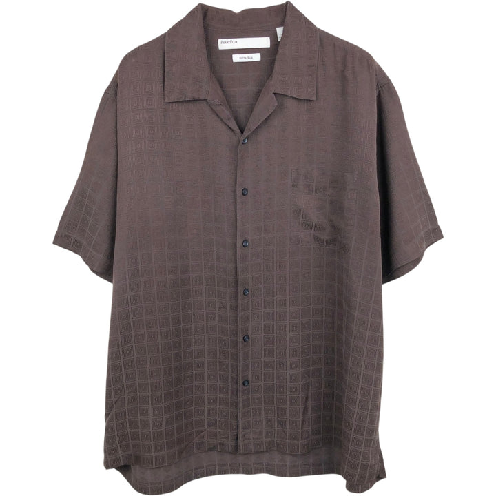 Perry Ellis All-over Print Short Sleeve Open Collar Silk Shirt Box Shirt Men's XL silk dark chocolate Vintage Second Hand