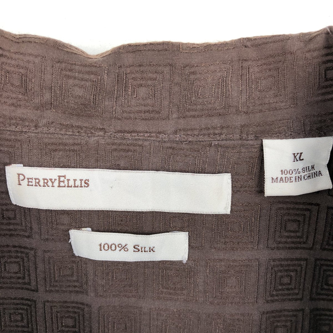 Perry Ellis All-over Print Short Sleeve Open Collar Silk Shirt Box Shirt Men's XL silk dark chocolate Vintage Second Hand