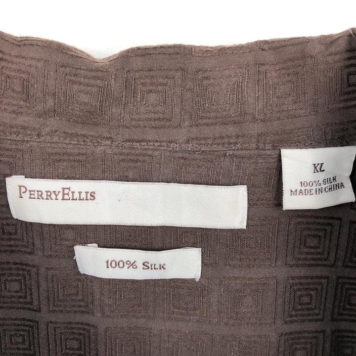 Perry Ellis All-over Print Short Sleeve Open Collar Silk Shirt Box Shirt Men's XL silk dark chocolate Vintage Second Hand