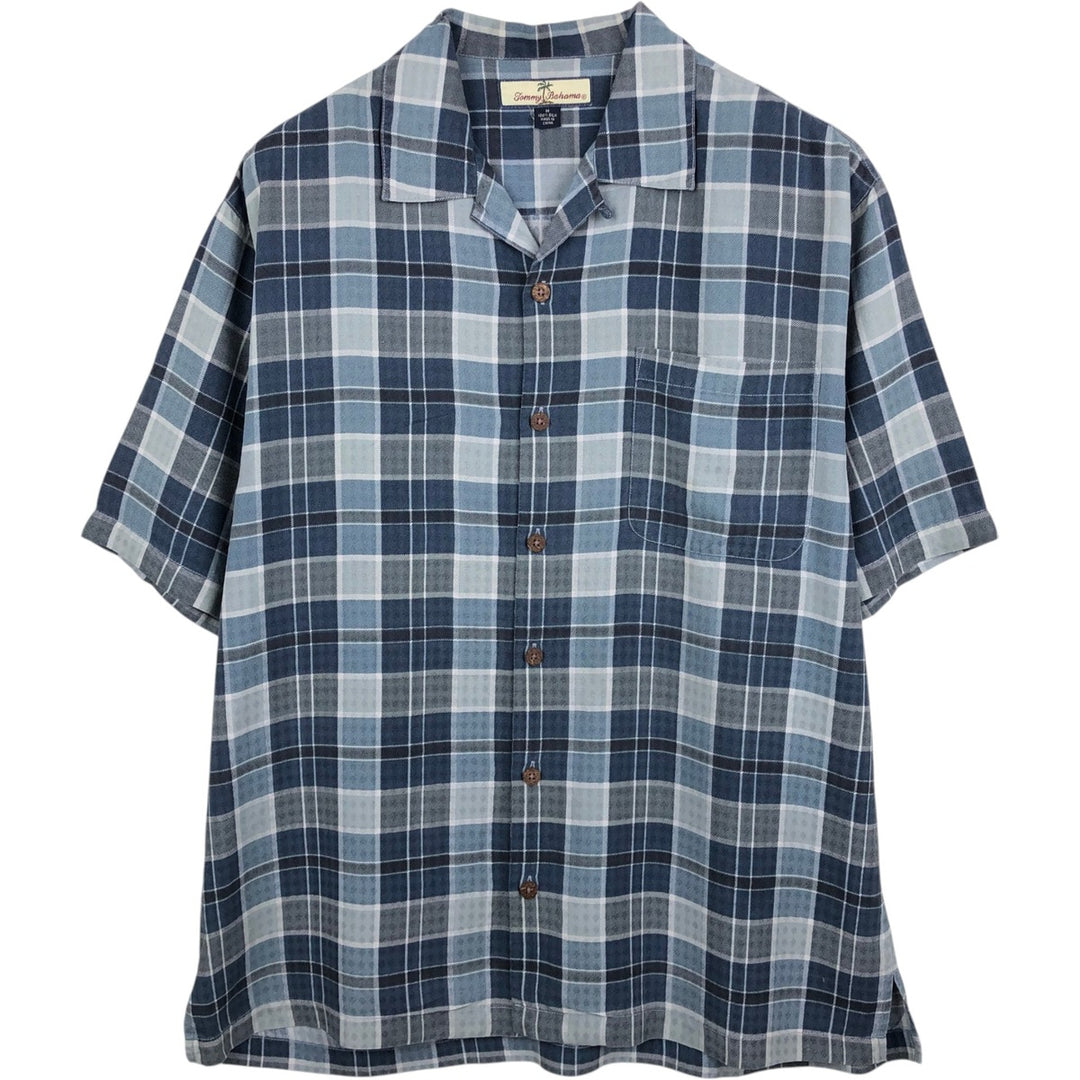 Tommy Bahama short-sleeved open-collar silk shirt with check pattern, boxy fit, men's size M. silk navy blue type Vintage Second Hand