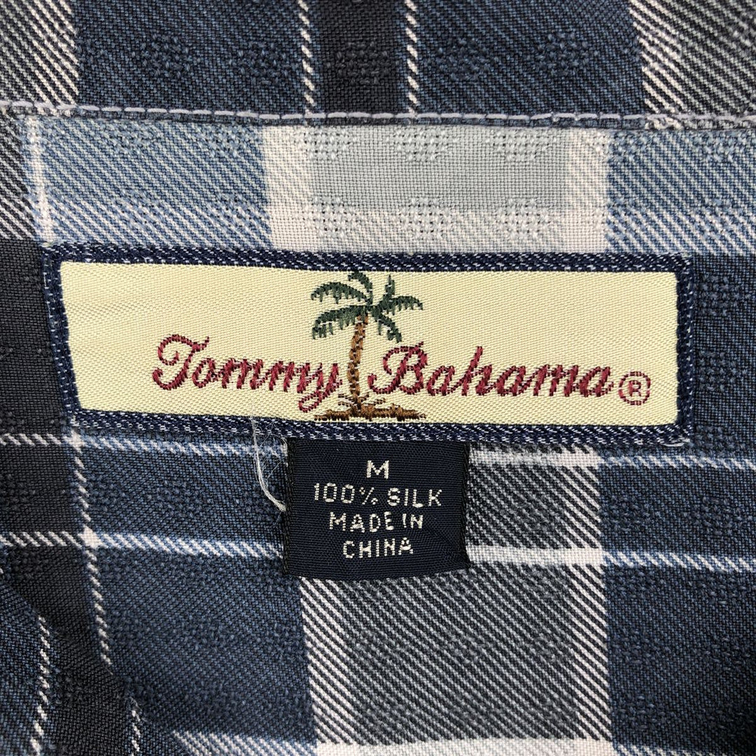 Tommy Bahama short-sleeved open-collar silk shirt with check pattern, boxy fit, men's size M. silk navy blue type Vintage Second Hand