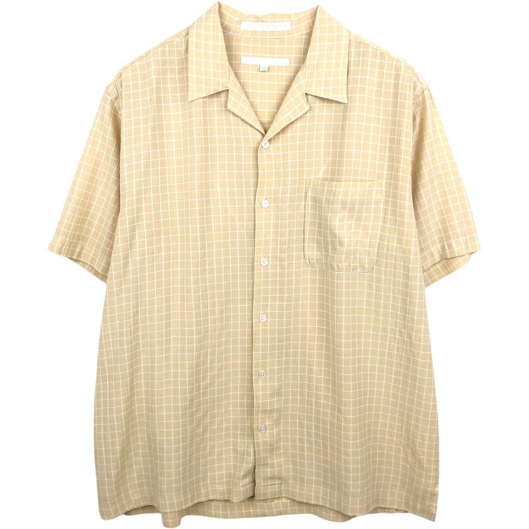 Perry Ellis Check Pattern Crepe Short-Sleeve Open Collar Poly x Rayon Box Shirt (Men's Size L equivalent) Rayon yellow type Vintage Second Hand
