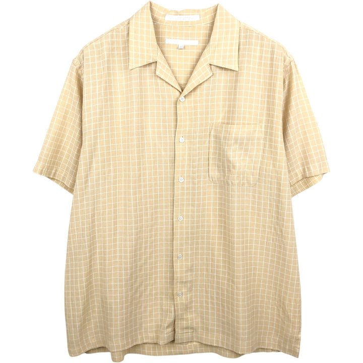 Perry Ellis Check Pattern Crepe Short-Sleeve Open Collar Poly x Rayon Box Shirt (Men's Size L equivalent) Rayon yellow type Vintage Second Hand