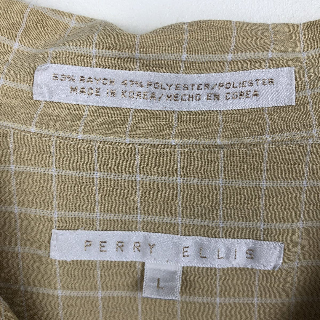 Perry Ellis Check Pattern Crepe Short-Sleeve Open Collar Poly x Rayon Box Shirt (Men's Size L equivalent) Rayon yellow type Vintage Second Hand