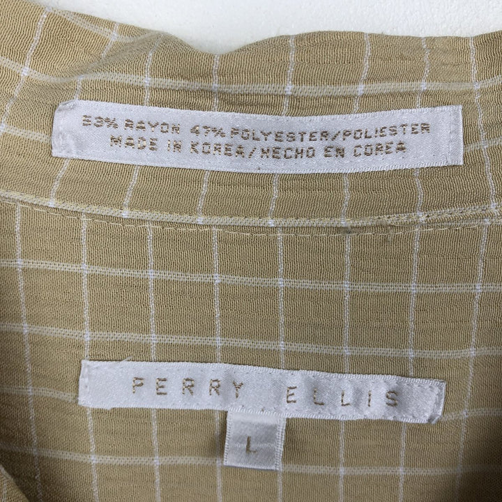 Perry Ellis Check Pattern Crepe Short-Sleeve Open Collar Poly x Rayon Box Shirt (Men's Size L equivalent) Rayon yellow type Vintage Second Hand