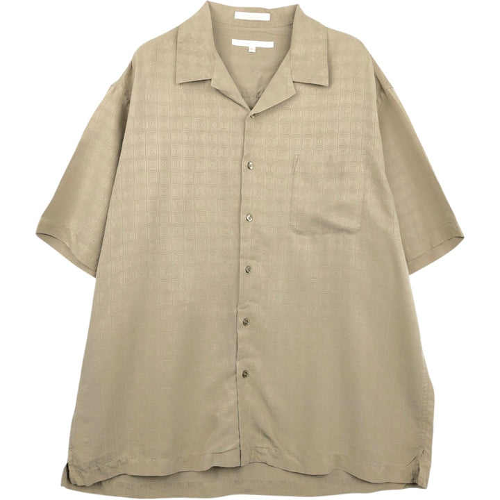Perry Ellis All-over Print Short Sleeve Open Collar Silk Shirt Box Shirt Men's XL silk beige type brown Vintage Second Hand