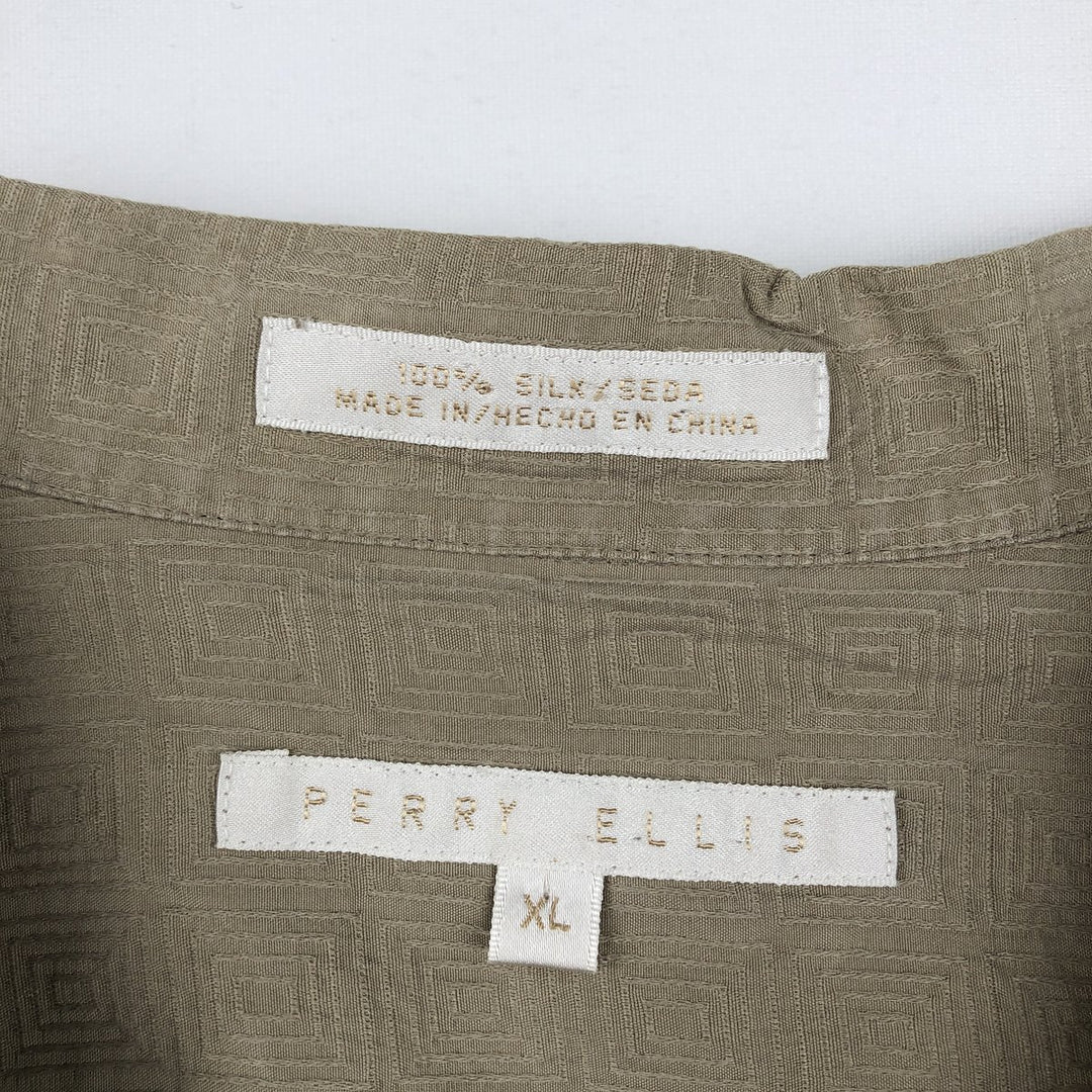 Perry Ellis All-over Print Short Sleeve Open Collar Silk Shirt Box Shirt Men's XL silk beige type brown Vintage Second Hand