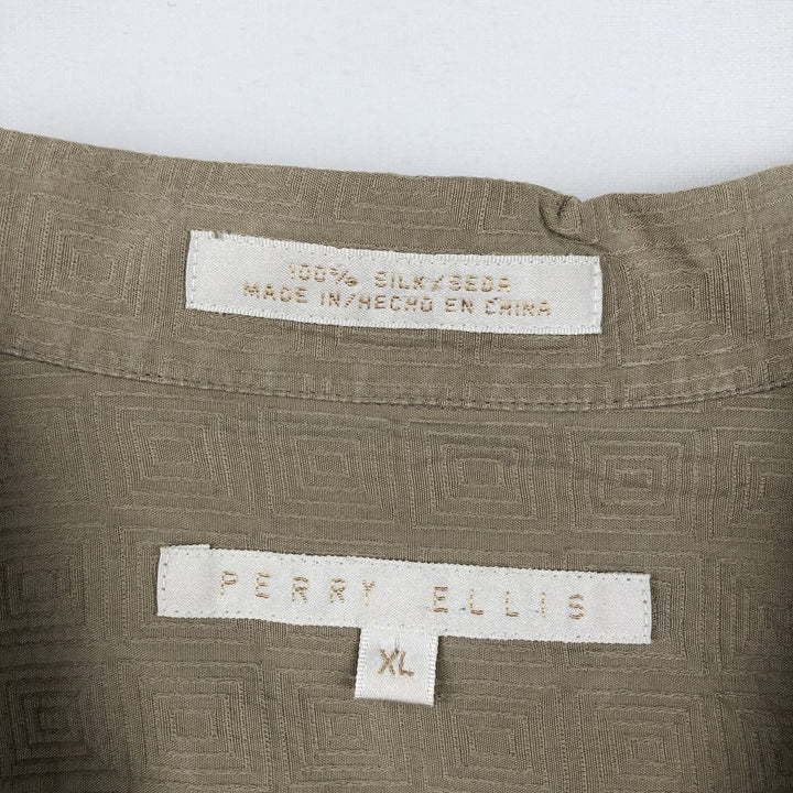 Perry Ellis All-over Print Short Sleeve Open Collar Silk Shirt Box Shirt Men's XL silk beige type brown Vintage Second Hand