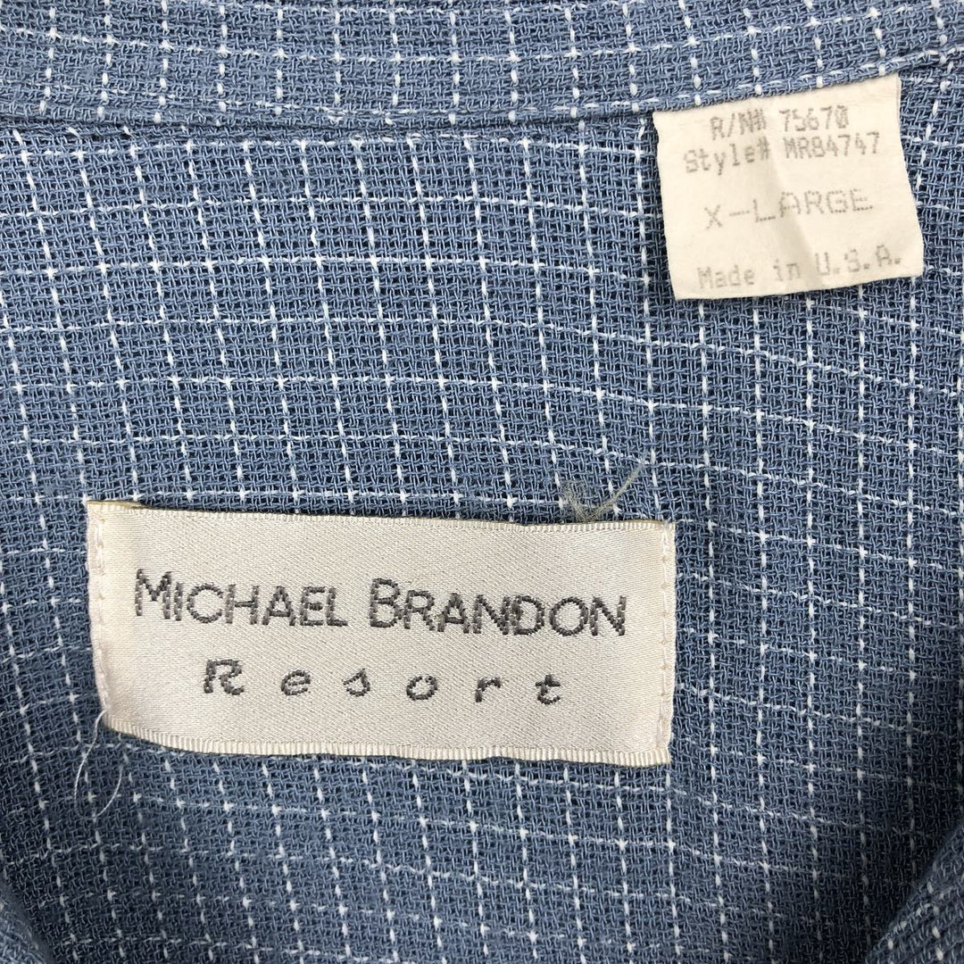 MICHAEL BRANDON Resort Check Pattern Short-Sleeve Open Collar Rayon Shirt, Boxy Shirt, Made in USA, Men's XL Equivalent Rayon Blue type light blue Vintage Second Hand