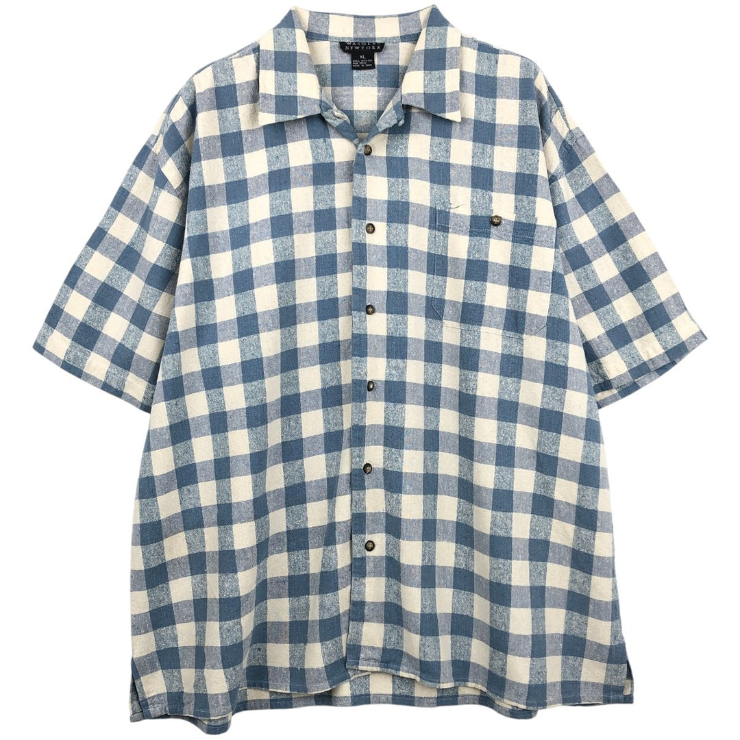 WASHERS NEW YORK Check Pattern Gingham Check Box Shirt Short Sleeve Open Collar Silk Shirt Men's XL Equivalent silk blue type Vintage Second Hand