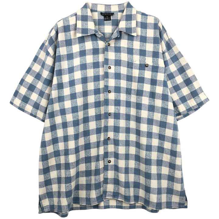 WASHERS NEW YORK Check Pattern Gingham Check Box Shirt Short Sleeve Open Collar Silk Shirt Men's XL Equivalent silk blue type Vintage Second Hand
