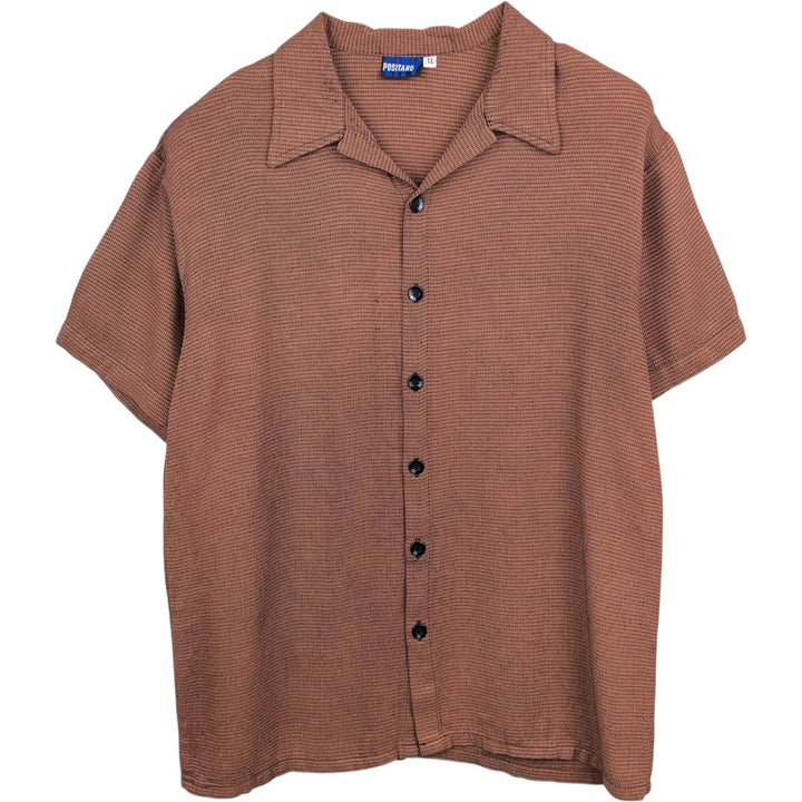 POSITANO CITY All-over print short-sleeved open-collar acetate x rayon shirt, boxy fit, made in USA, men's size XL. Rayon chocolate Vintage Second Hand