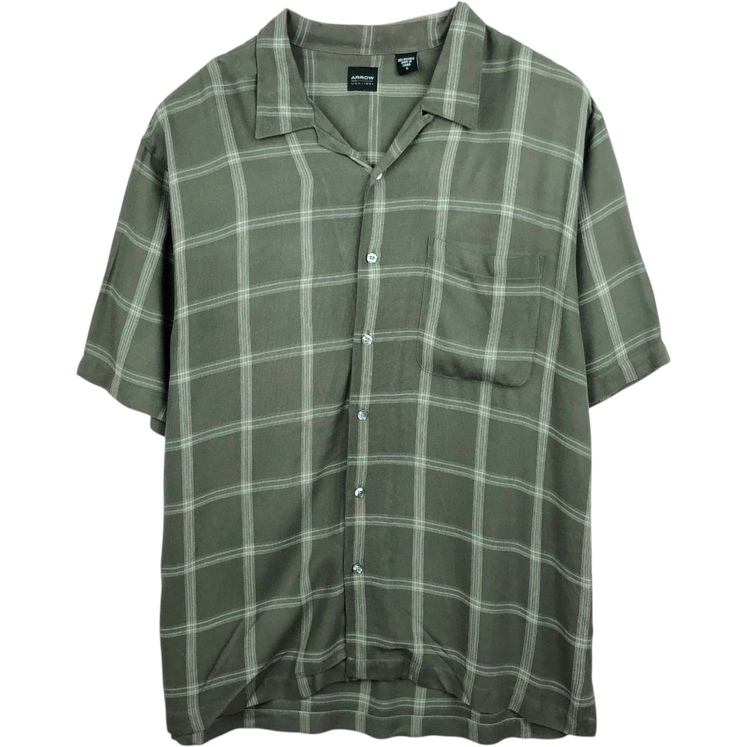 Arrow Check Pattern Short-Sleeve Open Collar Shirt, Boxy Shirt, Men's Size L (approx.) Bamboo Khaki type Vintage Second Hand