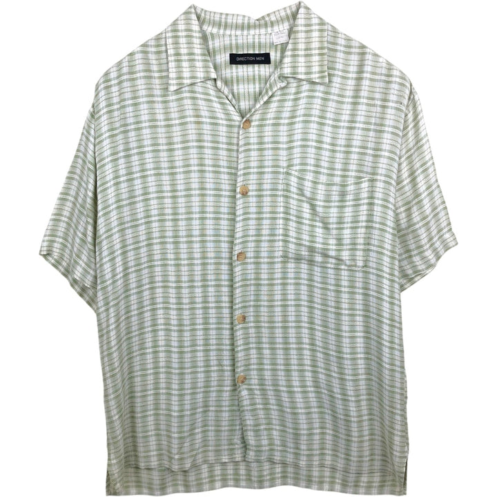 DIRECTION MEN Open Collar Short Sleeve Check Shirt Box Shirt Made in USA Men's Size L Rayon green type yellow green Vintage Second Hand