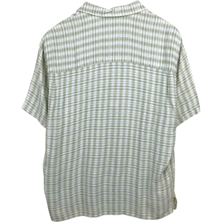 DIRECTION MEN Open Collar Short Sleeve Check Shirt Box Shirt Made in USA Men's Size L Rayon green type yellow green Vintage Second Hand