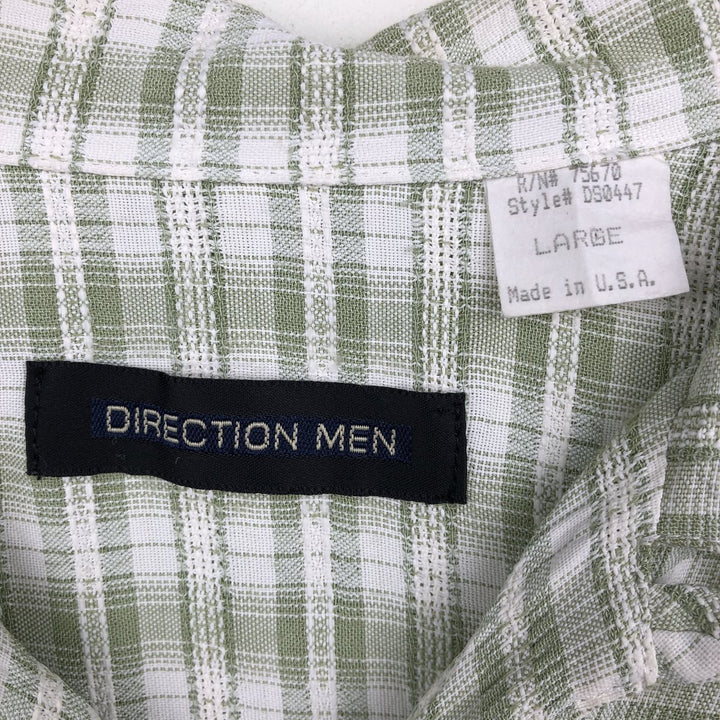 DIRECTION MEN Open Collar Short Sleeve Check Shirt Box Shirt Made in USA Men's Size L Rayon green type yellow green Vintage Second Hand