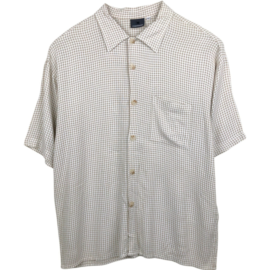 Consensus Check Pattern Short-Sleeve Rayon x Acetate Box Shirt, Made in USA, Men's Size L acetate Beige type Vintage Second Hand