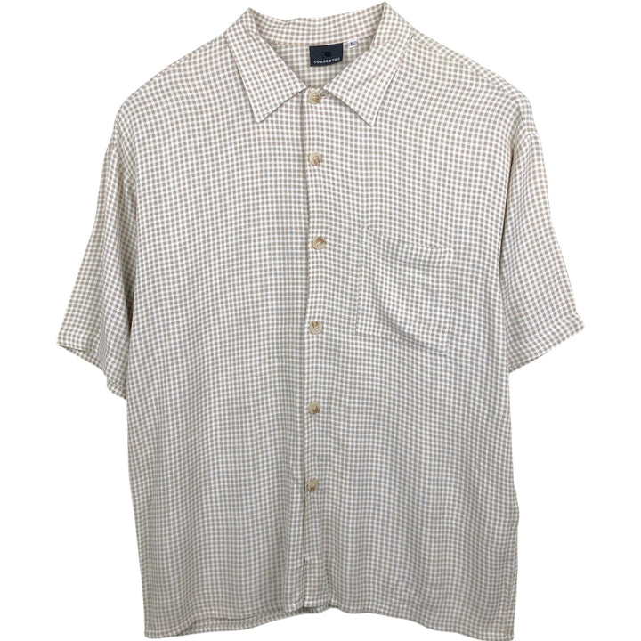 Consensus Check Pattern Short-Sleeve Rayon x Acetate Box Shirt, Made in USA, Men's Size L acetate Beige type Vintage Second Hand